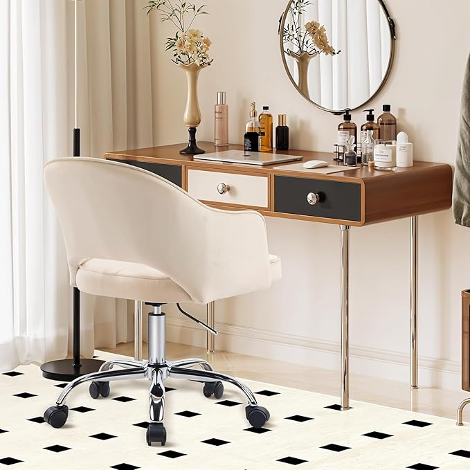MOJAY Modern Vanity Chair with Wheels, Mid-Back Cutout Velvet Home Office Chair, Swivel Height-Adjustable Soft Seat Cute Desk Chair with Arm Support (Cream)