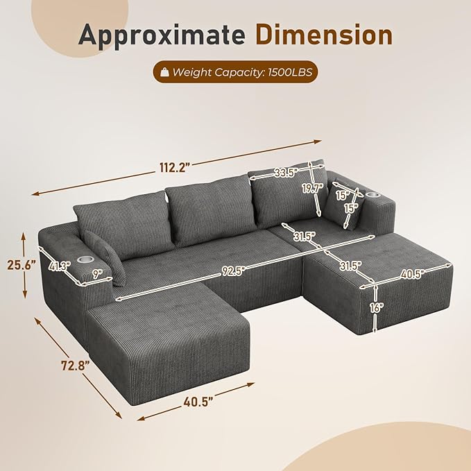 Furnimart 112" Oversized 3 Seater Sleeper Couch, Sectional Sofa Bed Boneless Cloud Couches for Living Room, Modern Deep Seat Modular Sofa, No Assembly Corduroy Dark Grey