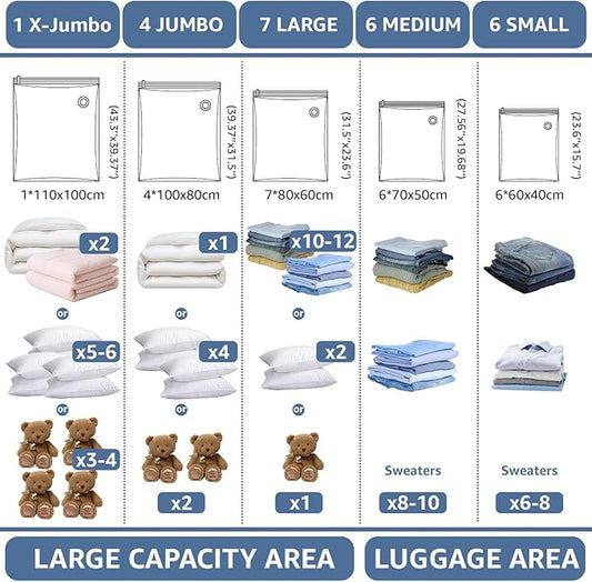 BoxLegend Vacuum Storage Bags with Large Hand Pump 24 Combo (1X-Jumbo, 4 Jumbo, 7 Large, 6 Medium, 6 Small) Thickened Vacuum Seal Bags for Clothing Blanket Pillow Comforters Bedding Quilt Coat