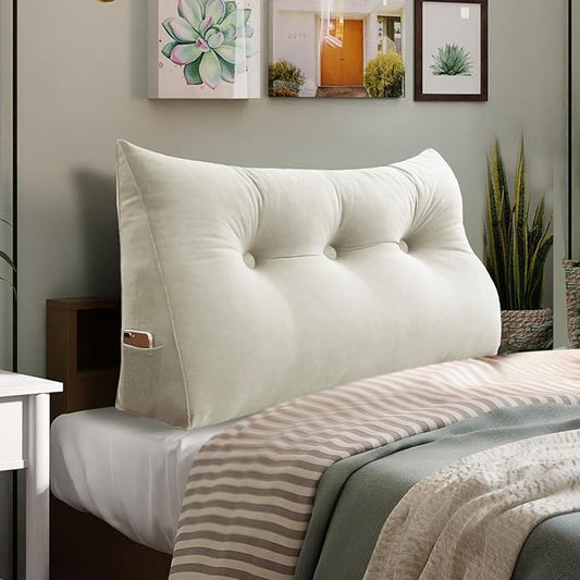 Bed Wedge Headboard Pillow - College Dorm Reading Pillow Back Support While Sitting in Bed - Ergonomic Lumbar Pillow Body Positioning Bed Pillow - Velvet Beige 39IN