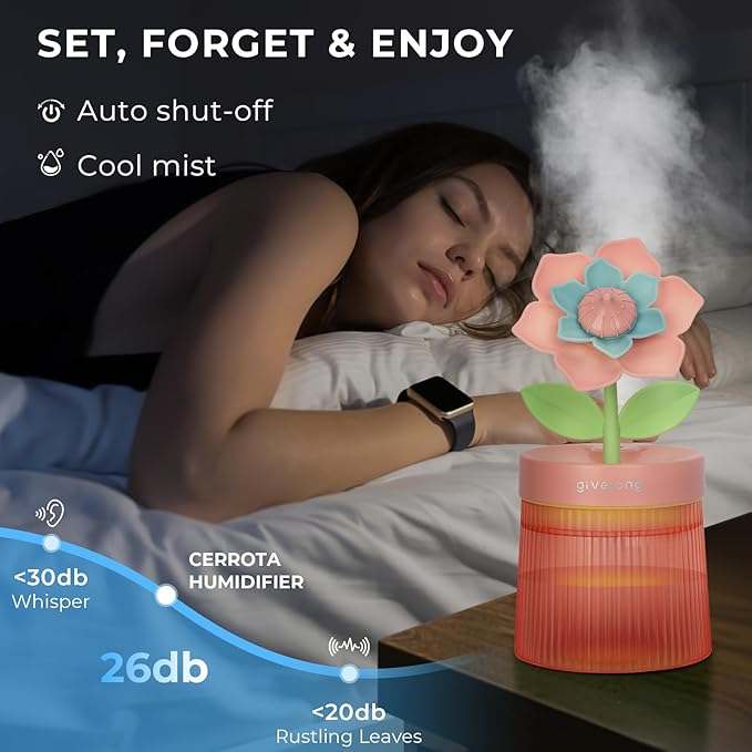 Cute Flower Mini Humidifier, Purple Gardenia Desktop Humidifiers for Bedroom, 260ml Portable Small Cool Mist Humidification, USB Powered, Auto Shut-Off, Perfect for Home, Office & Indoor Plants