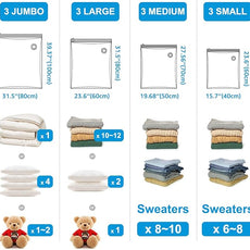 BoxLegend Vacuum Storage Bags with Large Hand Pump 12 Combo (3 Jumbo,3 Large, 3 Medium, 3 Small) Thickened Vacuum Seal Bags for Clothing Coat Bedding Quilt Blanket Pillow Comforters