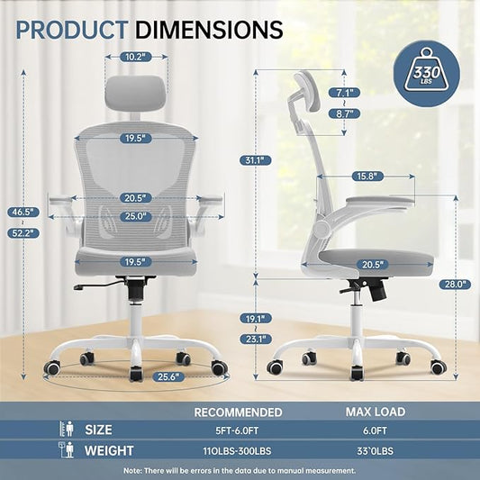Office Chair Ergonomic Desk Chair, 330LBS Capacity, High Back Computer Chair for Long Hours Comfortable, Rolling Swivel Chair for Home Office, Flip-up Armrests，White+Grey