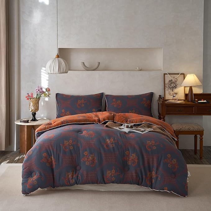 MKXI Floral Linen Comforter Set Twin XL Navy Blue Classic Comforter Bedding for Vintage Aesthetic Bedroom Romantic Floral Bed Comforters for Girls Cozy Cotton Jacquard Weave Double Yarn Comforter