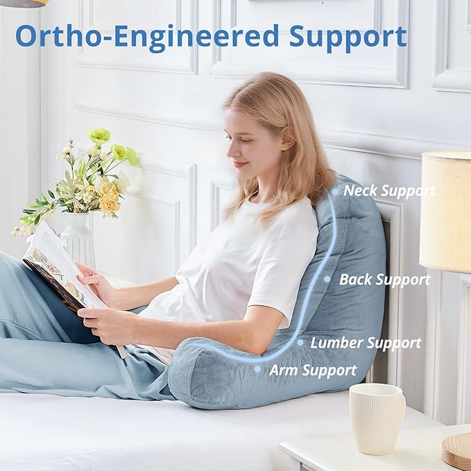 Sasttie Reading Pillow for Sitting in Bed Adult, Back Pillow for Bed Sitting Up, Backrest Back Support Chair Pillow, College Dorm Essentials for Girls and Boys, Greyish Blue Standard