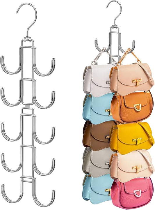 Purse Hanger for Closet, 360 Degree Purse Organizer with 10 Hooks Bag Handbag Hanger Hooks for Purse Hanging, Durable Purse Display Rack Space-Saving Bag Organizer for Women 2 Pack
