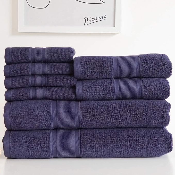Luzia 8 Piece Bathroom Towel Set - 100% Turkish Cotton, Premium Quality - 2 Bath Towels 2 Hand Towels and 4 Washcloths (Navy Blue)