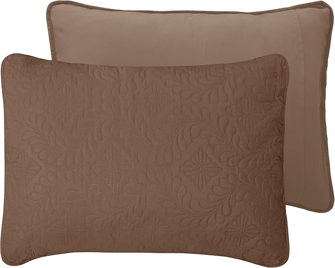 Easy-Going Full/Queen Size Reversible Quilt Set with 1 Quilt and 2 Pillow Shams, Soft Bed Quilt Cover, Water Resistant Lightweight Microfiber Bedspread, Stain Resistant, Olive Leaf-Brown/Beige