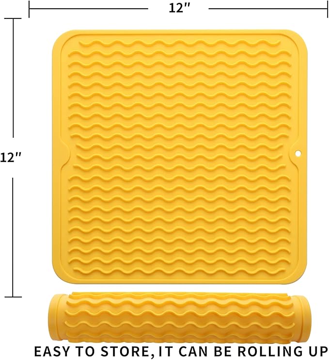 Silicone Dish Drying Mat for Multiple Usage,Easy clean,Eco-friendly,Heat-resistant Silicone Mat for Kitchen Counter or Sink,Refrigerator or Drawer liner Yellow M 12 inches x 12 inches
