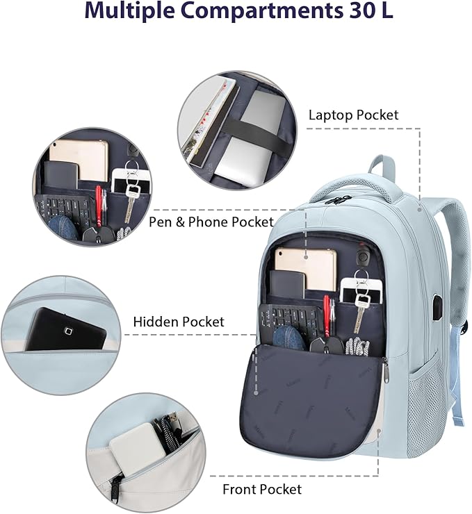 MATEIN 30 L Large Laptop Backpack, Stylish Lightweight Nursing Teacher Work Backpack with USB Charging Port, College Travel Comupter Bag Soft and Comfortable for Daily, Blue Beige