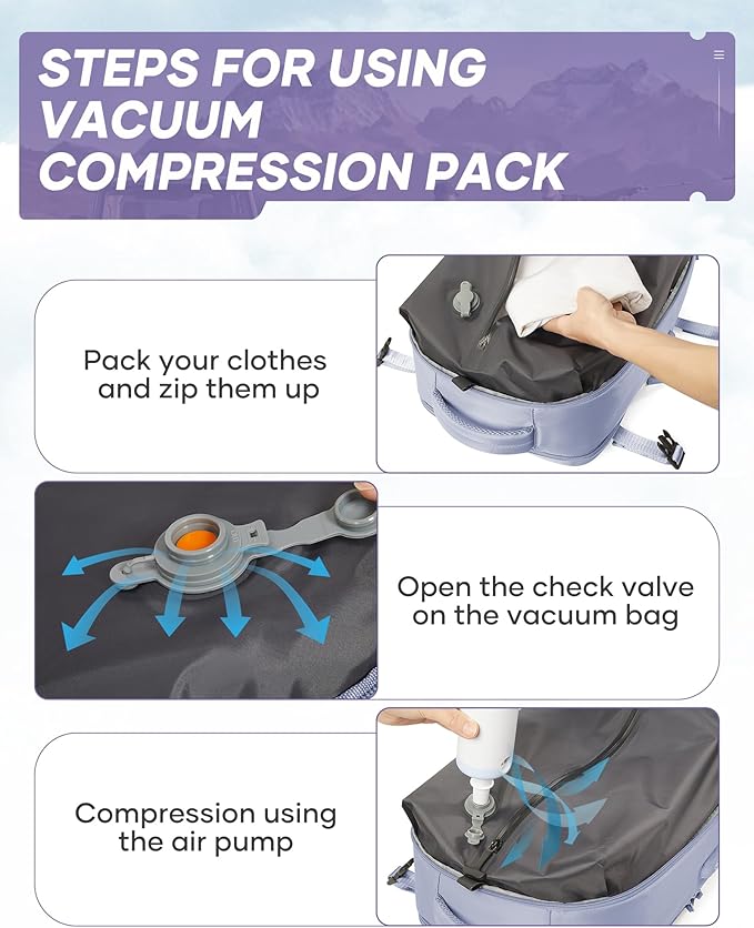 suwasp Vacuum Travel Backpack with Electric Vacpack Pump for Women, 40L Expandable Vacuum Compression Bags Personal Item Backpack Flight Approved Vacuum Seal Backpack for Traveling, Light Purple