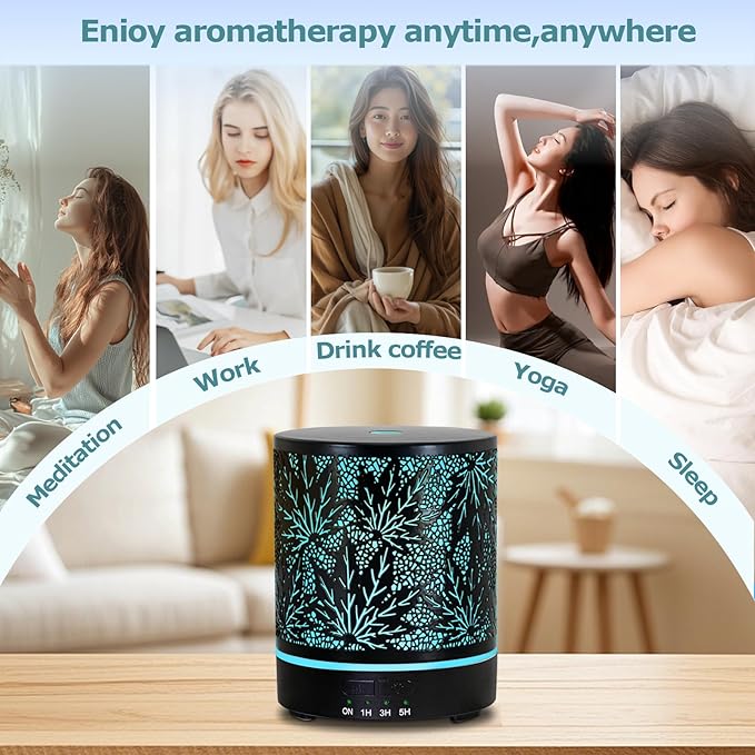 Essential Oil Diffuser Metal Aromatherapy Oil Diffusers for Large Room,Maple Leaf Pattern Ultrasonic Cool Mist Diffuser with Waterless Auto Shut-Off Protection,for Home Office,300ML