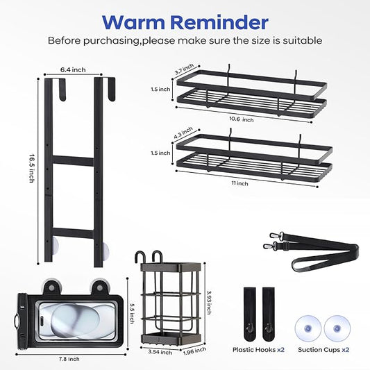 Over the Door Shower Caddy Hanging, Rustproof Shower Shelves with Waterproof Phone Pouch, 2-Tier Adjustable Bathroom Organizers and Storage, No Drilling Shower Shelf, Black Shampoo Soap Holder