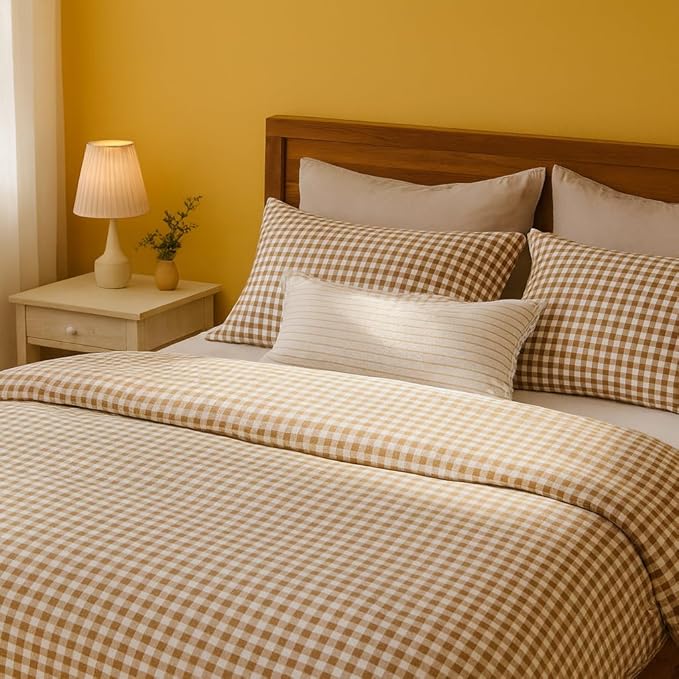 Tan Duvet Cover Set Full Size Khaki Beige Checkered Plaid Comforter Cover Modern Bedding Set 3Pcs Soft Breathable Microfiber Lightweight Cozy Quilt Set Farmhouse Bedroom Decor Gifts for Girls Boys