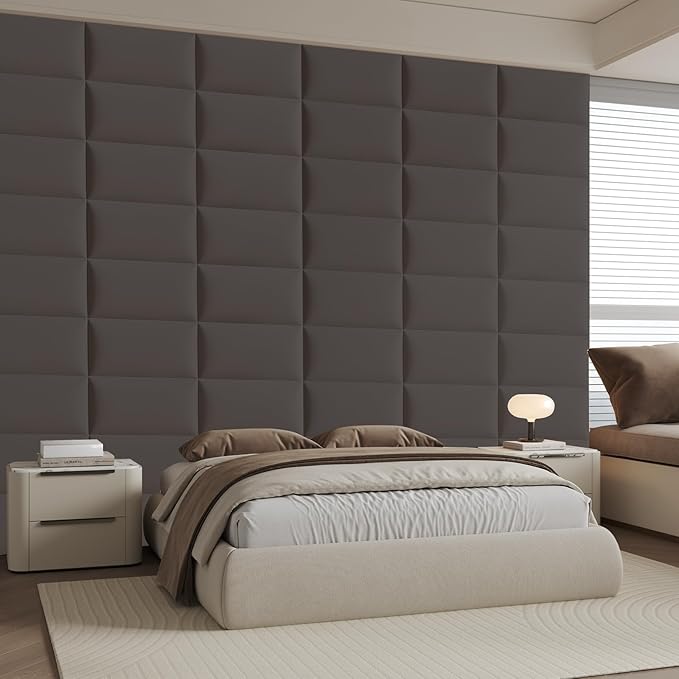Gray Stick-On Wall Mounted Upholstered Headboard - 9-Piece Padded Bed Backboard for King and Queen Size Beds, 24 x 12 Inches Each, Easy-to-Install Sound-Proofing Decorative Bed Headboard