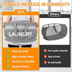 Collapsible Laundry Baskets, Foldable Clothes Hamper with Reinforced Handles, Sturdy Pop Up Hampers for Laundry, Tear Proof & Easy to Carry Laundry Hamper for Home, Apartment, Dorm, Travel Grey