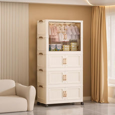 Collapsible Foldable Stackable Storage Bins with Lids on Wheels, Heavy Duty Extra Large Plastic Wardrobe Closet Organizer Cube, Rolling Clothes Storage Container for Sweaters Blanket One Clear Cabinet