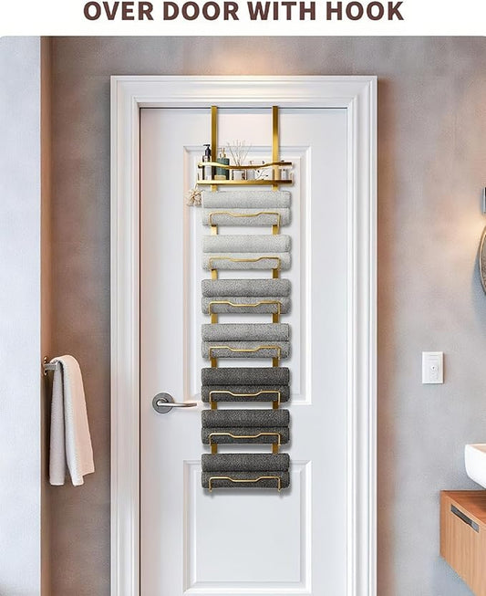 Hanging Towel Racks for Bathroom No Drill - Over The Door 8-Tier Bath Towel Storage Organizer for Small Bathrooms - Back Door Large Tiered Towel Holder Hanger for Rolled Towels RV Camper Gold