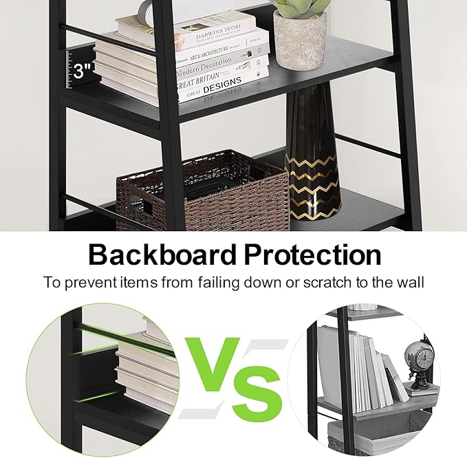 Himimi Black Ladder Bookshelf, 5 Shelf Bookcase Industrial Bookshelf Wood and Metal Bookshelves, Plant Flower Stand Rack Book Storage Shelves for Living Room, Bedroom, Home Office