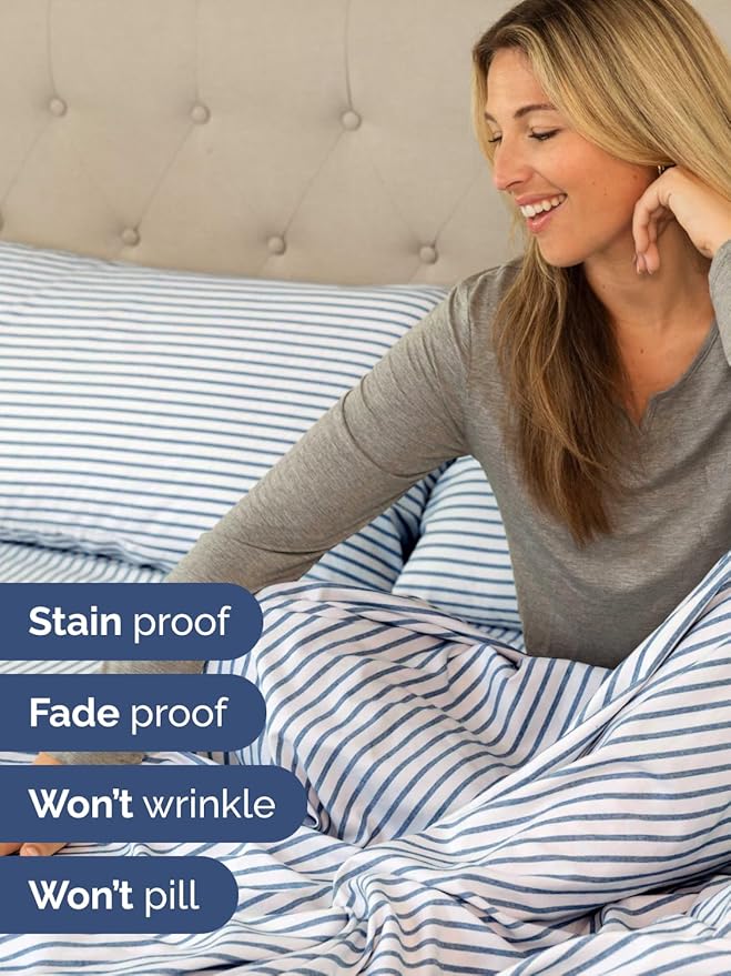 Extra Deep Pocket Queen Sheet Set - 4 Piece Breathable & Cooling Bed Sheets - Hotel Luxury Sheet Set - Ultra Soft, Wrinkle Free & Comfy - Fits Extra Deep Mattresses - Deep Pocket Blue Stripes 2 Sheets