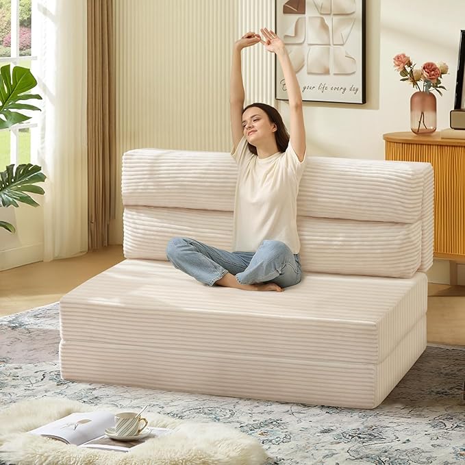 Folding Sofa Bed, Convertible Sleeper Chair with Pilow Foldable Matress, 2 in 1 Pull Out Loveseat Sofa Portable Fold Out Chair Bed Floor Couch Lounge for Living Room Bedroom (Beige, Twin)