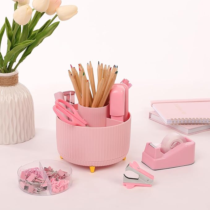 SKYDUE Pink Desk Accessories 10Pcs, Rotating Pen Holder for Desk, Stapler, Staple Remover, Tape Dispenser,2pcs Tape Refills, Binder Paper Clips Kit, Scissor,Pink Office School Supplies