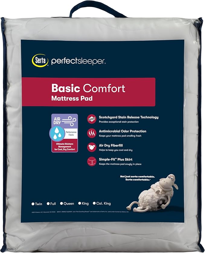 Serta Air Dry Basic Comfort Performance Fabric Quilted Mattress Pad, Cooling and Breathable Mattress Cover, Moisture Wicking Protection with 15" Deep Pocket, California King, White