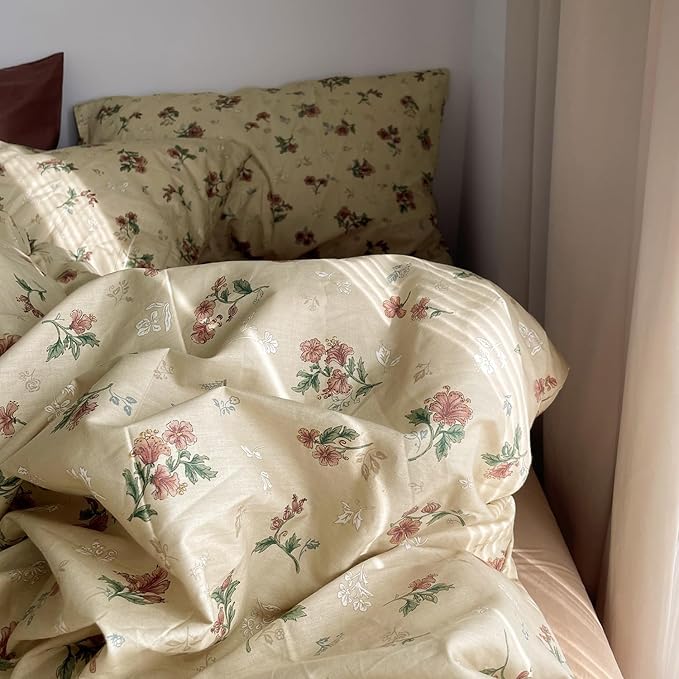 mixinni Vintage Floral Duvet Cover Twin XL Size - 3 Piece 100% Cotton Cottagecore Red Flowers & Green Leaves Bedding, Soft Botanical Comforter Cover & Pillowcases, Aesthetic Spring Bed Set for Girls