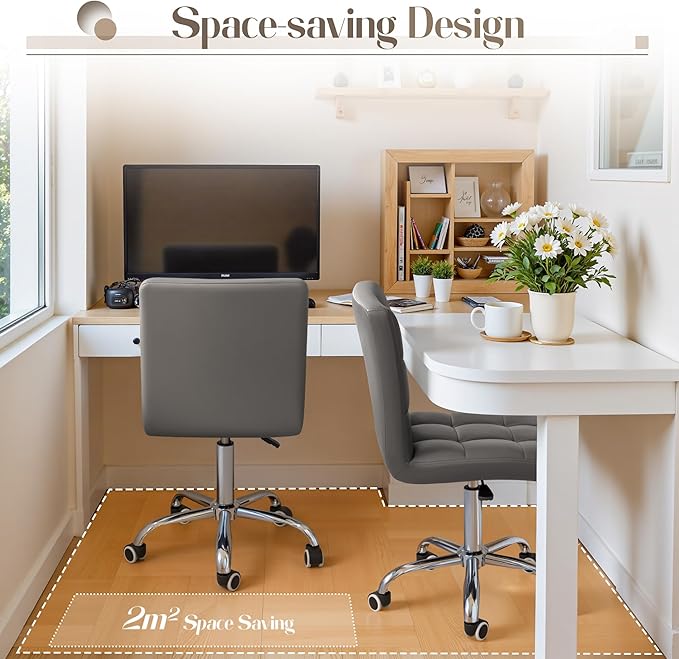 Furmax Mid-Back Office Task Chair Ribbed PU Leather Executive Chair Modern Adjustable Home Desk Chair Retro Comfortable Work Chair 360 Degree Swivel with Arms (Grey)