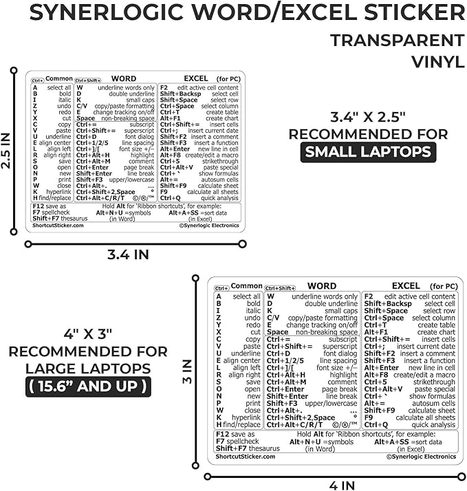 Synerlogic (10pcs) Word/Excel Windows Shortcut Sticker | Reference Guide Keyboard Shortcuts | Work from Home Essentials | Excel Shortcuts Cheat Sheet Laminated Vinyl (Clear/Small/10)