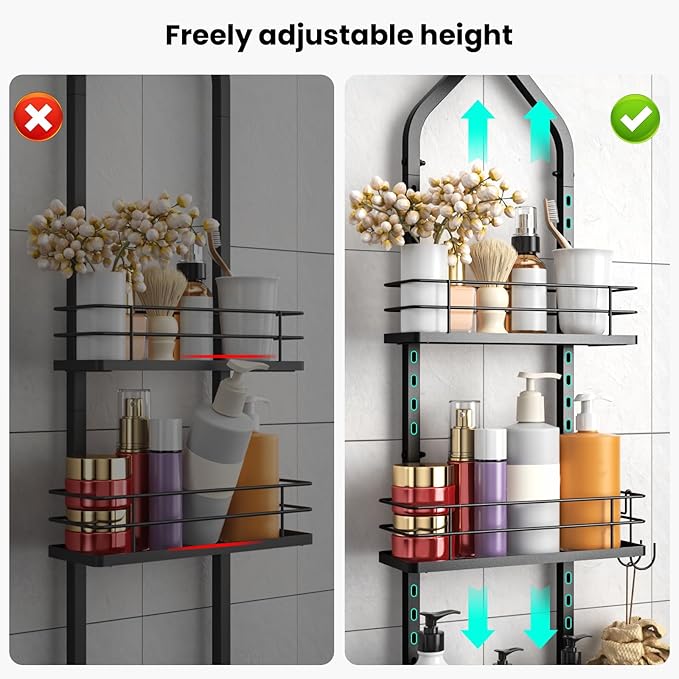 Shower Caddy Hanging (Black), Adjustable Anti-Swing-Over The Shower Head Caddy, 3 Tier Height Bathroom Storage Organizer, Bathroom Shelves Basket Rack, Shower Caddies Rack with Adjustable Soap Basket