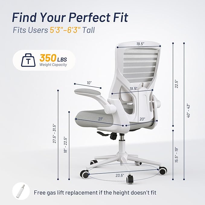 Office Chair for Long Hours & Lower Back Pain Relief – 4" Molded Foam Cushion, Padded Lumbar Support, and Padded Flip-up Armrests, Ideal for Office or Study, Light Gray
