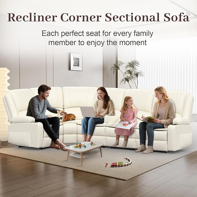 Manual Reclining Sectional Sofa Set, 5 Seats 1+1+3 Leather Reclining Corner Sectional Couch, Family-Sized L-Shaped Recliner Couch with USB Charging, Thickened Padding, Sturdy Frame, White