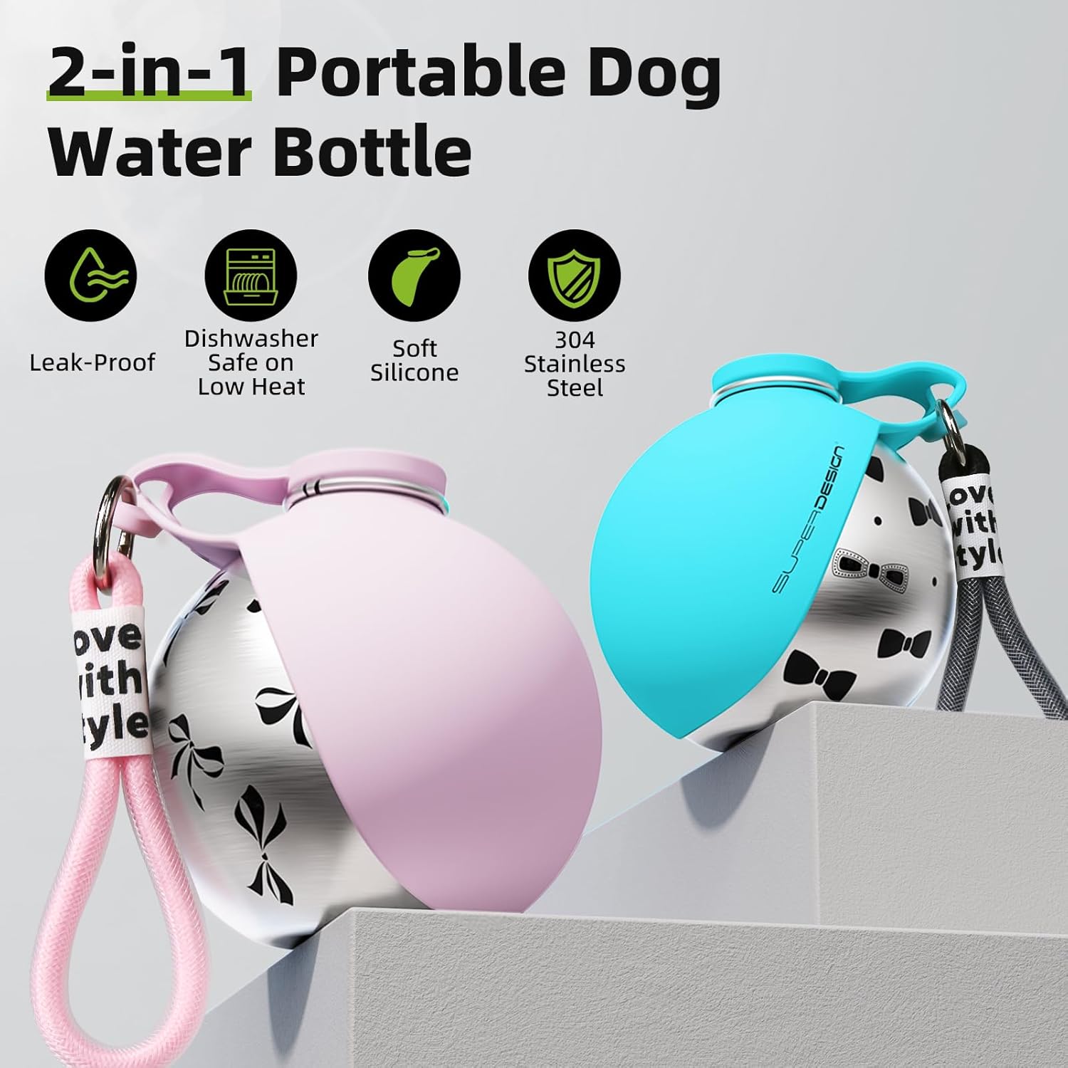 2-in-1 Portable Dog Water Bottle for Small Dogs - Leak-Proof & Compact Dog Travel Water Bottle -Stainless Steel Bottle & Silicone Bowl - Ideal for Walking, Hiking & Travels (10 fl oz, Pink) Dormly