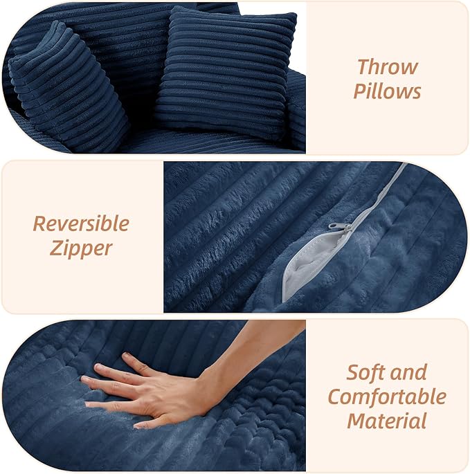 Oversized Chaise Lounge Chair Indoor Corduroy Sofa Bed with Throw Pillows Recliner Chair Comfy Large Deep Seat Sofa Couch for Living Room, Bedroom, Apartment (Blue)