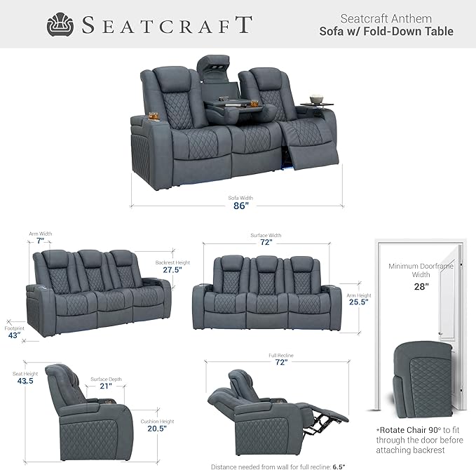 Seatcraft Anthem Italian Leather Sofa w/Fold-Down Table, Living Room, Power Headrest, Power Recline, Smokey Blue
