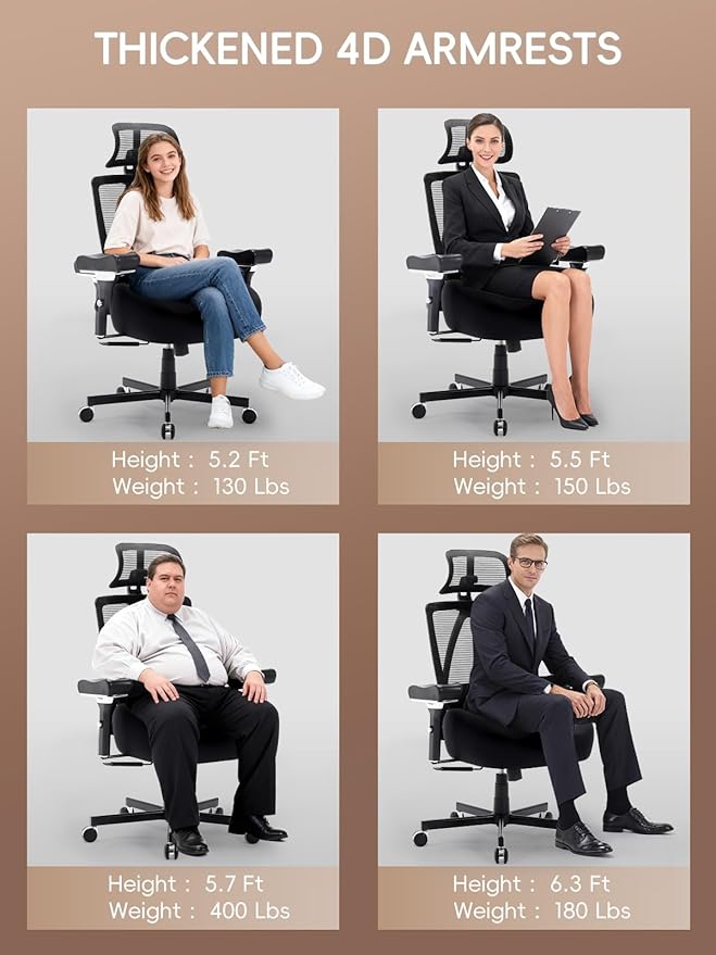 Big and Tall Office Chair 500lbs, Ergonomic Desk Chair with W Wide Thick Cushion, Executive Mesh Office Chair with Adjustable Headrest, Lumbar, 4D Armrest, Computer Task Chairs for Heavy People, Black