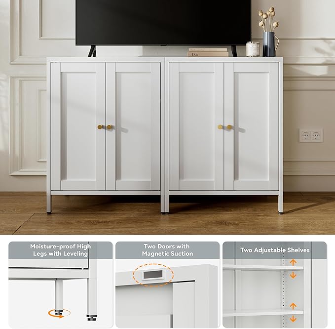 31.5"H Metal Bathroom Cabinet,Short Bathroom Storage Cabinet with Doors,Floor Locker,White Small Cabinets with 2 Adjustable Shelves & 4 Doors,Pantry Food Cabinet for Hallway,Home Office, Kitchen