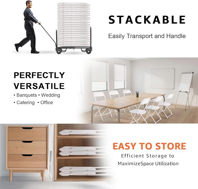 6 Pack White Folding Chairs, Portable Stackable Commercial Foldable Chair, Indoor Outdoor Plastic Folding Chair for Events/Office/Home/Wedding/Party, 400lbs Capacity