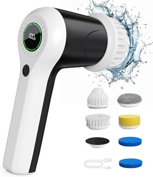 Electric Spin Scrubber, Cordless Shower Scrubber with Battery Level Display, 2 Speeds Electric Scrubber for Cleaning with 6 Replaceable Heads, Cleaning Brush for Bathroom/Sink/Window