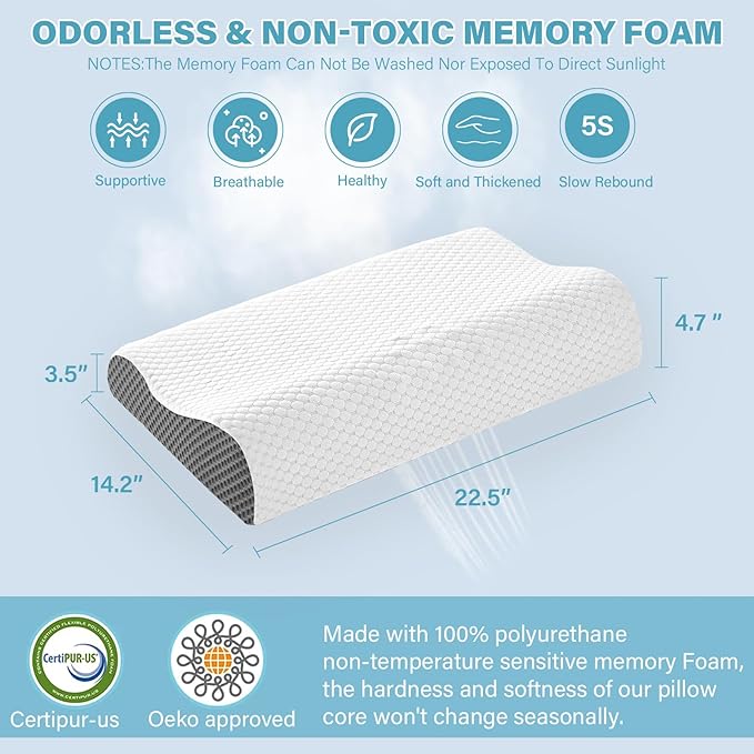 2 Pack Memory Foam Cooling Bed Pillows for Sleeping, Ergonomic Cervical Pillow for Neck and Shoulder Pain Relief, Adjustable Cold Pillow Set of 2,with Pillowcase （Grey）