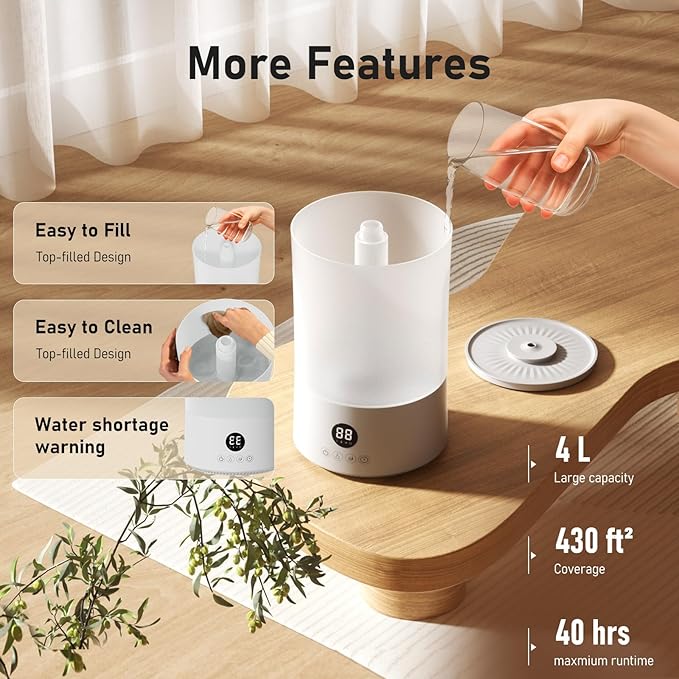 Humidifiers for Bedroom, 1.1Gal Top Fill Humidifier for Large Room, 250ml/h Cool Mist Output Humidificador, 24dB Quiet Air Humificador with Remote, Easy to Fill & Clean, fit Indoor Plants (White)