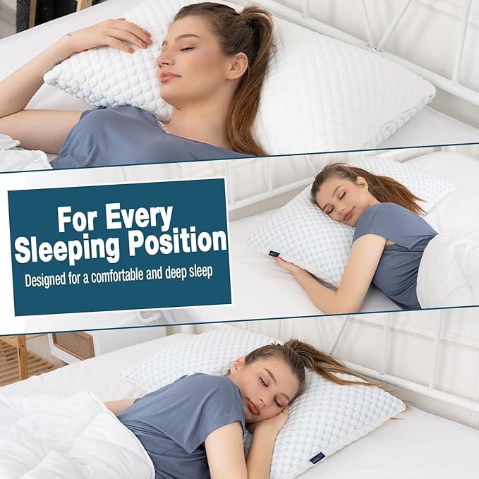 alkamto Cooling Shredded Memory Foam Pillow – Adjustable Gel for Personalized Support – Double-Sided Ice Silk & Soft Rayon – Lightweight, Compressible (White) (Queen)