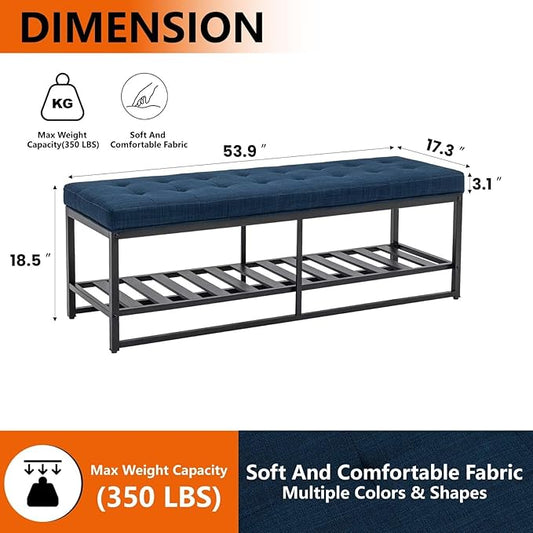 Rectangular Upholstered Tufted Linen Ottoman Storage Bench, Large Footrest Ottoman with Iron Base, Navy Blue End of Bed Bench for Entryway, Living Room, Bedroom