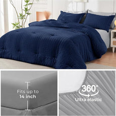 HYMOKEGE Navy Blue/Light Grey Twin XL Comforter Set Seersucker 5 Pieces, All Season Luxury Bed in a Bag for Bedroom, Bedding Set with Comforter, Sheets, Pillowcase & Sham