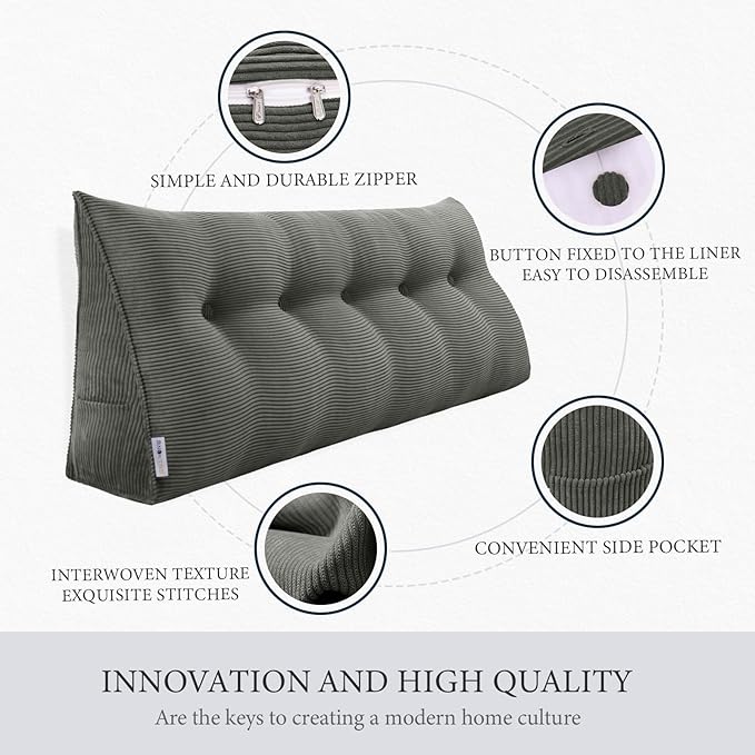 11 lbs Thickened Queen Wedge Pillow Headboard Body Positioner Triangular Reading Pillow Bed Bolster Pillow for Sitting in Bedwith Removable Cover Gift for Dad Backrest Cordury Gray