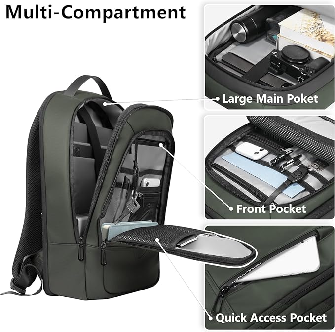 hk Laptop Backpack for Men Expandable Smart Business Backpack with USB Charging Port Water Resistant Anti-theft Lightweight 15.6 Inch Computer Laptop Bag for Office College Commute Travel Work-Green