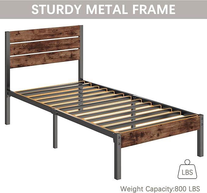 Twin Bed Frame with Headboard and Footboard, Metal Twin Bed Frame with Under Bed Storage, All-Metal Support System, No Box Spring Needed, Easy Assembly,Rustic Brown
