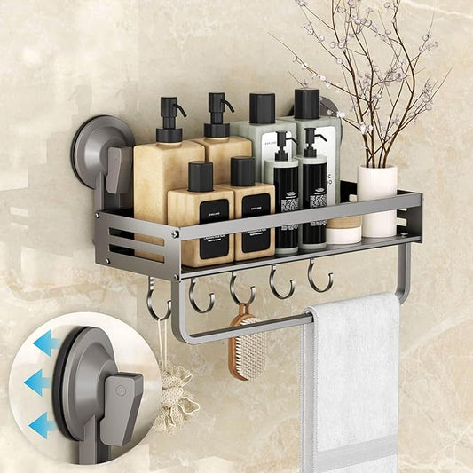 Onemake Shower Caddy Suction Cup, 1 Pack 11.8 inch Aluminum Suction Showers Organizer with Towel Bar & Hooks, Rustproof Shower Shelf, NO-Drilling Bathroom Shelf Storage Rack, Gray