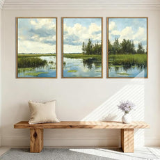 BINCUE Framed Green Nature Wall Art Lake Scenery Wall Decor Landscape Art Print for Living Room Bedroom Office 16 x24 Inches Set of 3